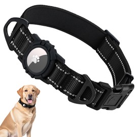Taglory Reflective AirTag Dog Collar with Airtag Holder, Dual D-Rings, Safety Locking Buckle Durable, Adjustable Soft Padded for Large Dogs, Black, L