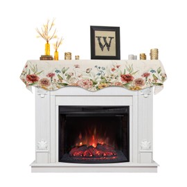 Victoroes Mantle Scarf 60 x 17 Inch, Beige Spring Natural Scene Red Pink Flowers Green Leaves Butterfly Fireplace Mantel Scarf Mantel Cover Runner for Home Living Room Indoor Holiday Party Decor