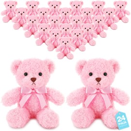 HyDren 24 Pcs Bear Stuffed Animals Bulk Cute Bear Plush Doll for Kids 10 Inch Children's Sleeping and Playing Toy Preschool Animals with Bow Christmas Party Gift for Girls Boys Birthday Party(Pink)