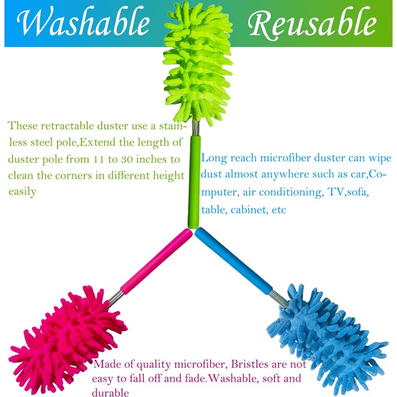 M-Jump 3 Pack Retractable Long-Reach Washable Duster for Cleaning, Microfiber
