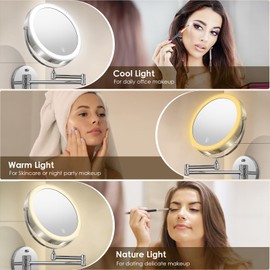 MNIENT Wall Mounted Lighted Makeup Mirror, 8" Rechargeable Double-Sided Light up Magnifying Mirror 1x/10x, 3 Colors Led Vanity Mirror with Lights, Touch Dimmable 360° Rotation Foldable