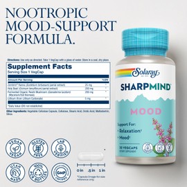 SOLARAY SharpMind Mood Support Supplement, Nootropic for Relaxation and Emotional Well-Being, Zembrin, Holy Basil, Lithium 5mg, Organic Reishi Mushroom, 60 Day Guarantee, 30 Servings, 30 VegCaps