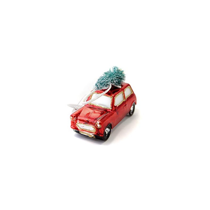 Festive Red Retro Mini with Christmas Tree on Roof Bauble