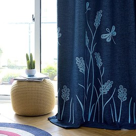 Melodieux Wheat Embroidery Faux Linen Blackout Curtains for Living Room Bedroom Noise-Free Grommet Window Drape, Navy/Blue, 52 by 84 Inch (1 Panel)