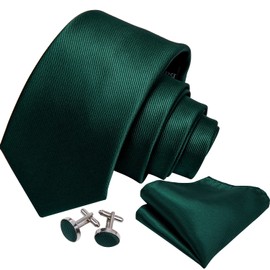 Barry.Wang Emerald Green Necktie Set Solid Handkerchief Cufflinks Silk Ties for Men