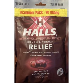 Halls ECONOMY PACK Black Cherry Cough & Throat Relief  SUGAR FREE 70 Cough Drops