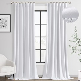 Joywell Linen 100% Blackout Curtains 120 Inches Length Long, Rod Pocket/Back Tab/Hook Belt/Clip Rings, Thermal Insulated Drapes Curtains for Bedroom Living Room (2 Panels Set,W52 x L120, White)