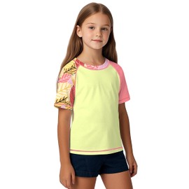 ANGEL CITIZ Boys' Short-Sleeved Crew Neck Swimming Shirt UV Children's Rash Guard UPF 50+ Swimming Shirt Children 125-155, 01-yellow print
