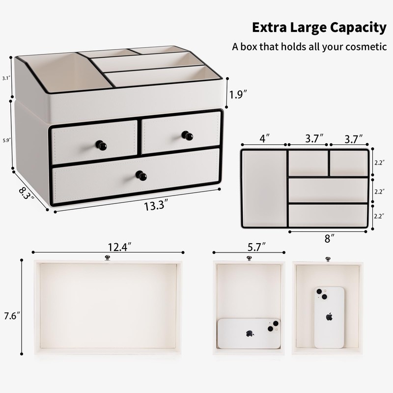 GORESE Leather Makeup Organizer with Drawers for Vanity, Stackable Skincare