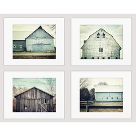 Shabby Chic Farmhouse Wall Art Home Decor Set of 4 Prints (Not Framed). Teal and Aqua Barn Landscapes. 5x7, 8x10, 11x14, or 16x20. (4 8x10 Prints with 11x14 Mats)