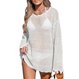 CUPSHE Womens Crochet Swimsuit Cover Ups Hollow Out Swim Beach Coverup Dress Swimwear Pullovers White Large