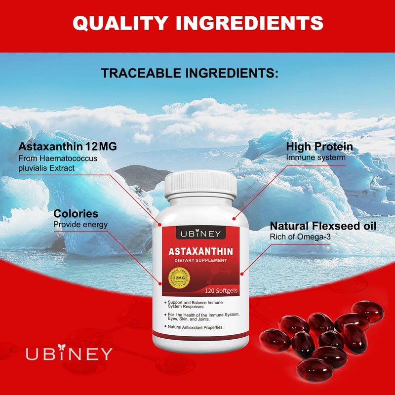 Ubiney Premium Astaxanthin Supplements 12mg， Softgels 120 Servings, Supports Immune,