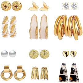 Musedimall Multipack Golden Statement Earring Set Includes Pearl Earrings, Piercing Small Stud Earrings, Hoop Earrings, Acrylic Hypoallergenic Earrings for Gift or Daily Clothing Suitable, Zinc