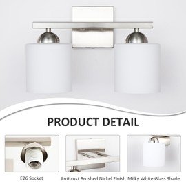 QHANTOMIZE 2 Light Brushed Nickel Vanity Lights for Bathroom, Modern Bathroom Light Fixtures Over Mirror, Vanity Light with Milky White Glass Shades, Farmhouse Wall Lights, E26 Socket
