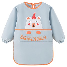 Rumnoke Kids Art Smock Toddler Children Artist Painting Aprons Waterproof Long Sleeves Paint Smocks with Pockets Bear Blue 100 M