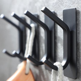 Taozun 4-Pack Black Stainless Steel Adhesive Hooks - Upgraded Strong Self-Adhesive Towel Hangers for Bathroom, Kitchen, and Bedroom