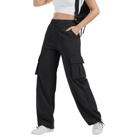 AVAMO Cargo Pants for Women with Pockets High Waist Lightweight Stretchy Hiking Casual Streetwear Baggy Wide Leg Pants Black L