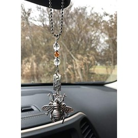 Heart Projects Bee Ornament Hanging Car Accessory, Antique Bee Charm with Glass Beads and Crystal, Find Joy in The Journey Rear View Mirror Decor