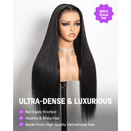 Megalook hair Glueless Straight Wigs Human Hair Pre Cut Upgraded Ear-to-Ear 13x6 HD Lace Front Wig 220% Density Drawstring Wig Human Hair Pre Plucked Pre Bleached Glueless Wig for Women 24 Inch