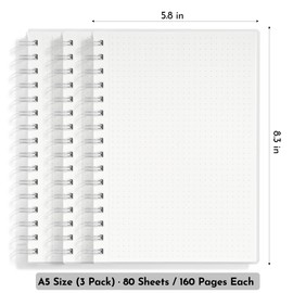 STUDIO O. A. A5 Spiral Dot Grid Notebook 3 Pack, 160 Pages Ivory White 100GSM Thick Paper, Waterproof Frosted Translucent Cover, Perforated Tear Off Line Journal for School Office Home