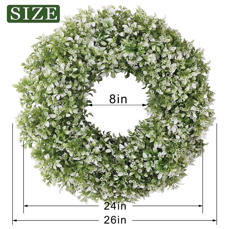 26" Large Artificial Boxwood Wreath for Front Door(White-Green)