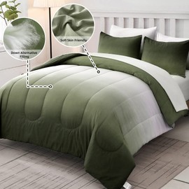 Anibedding Full Size Comforter Set 6 Pieces Green Gradient White Bed in a Bag, All Season Down Alternative Complete Bedding Set with Flat/Fitted Sheet