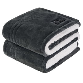 Sealy Heated Blanket Throw with Built-in Button Controller, Reversible Flannel to Sherpa Electric Blanket with 2-10 Hours Auto-Off & 4 Heating Levels, Over-Heat Protection, 50x60 inch, Charcoal