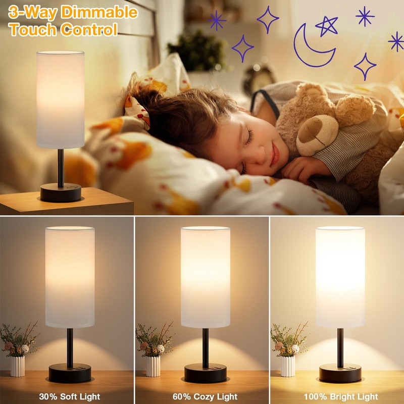 White Touch Table Lamp with USB - 3 Way Dimmable