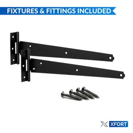 XFORT® 2 Pack 200 mm T-Hinge Black Japanned, Metal Tee Hinges with Weather Resistant, Rustproof Powder Coating, T Strap Hinges Ideal for External Use On Gate Doors, Shed Doors and Barn Doors (Pair)