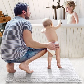DEXI Bathroom Rug 16x24, Super Soft Thick Chenille Absorbent Bath Mat, Non Slip Machine Washable Fluffy Shag Bathmat for Tub, Shower Floor, White