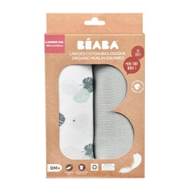 BÉABA, Set of 2 Baby Muslin Nappies, Organic Cotton Muslin, Multifunctional: Swaddle Blanket, Bib, Nomad Blanket, Cuddle Blanket, Ultra Soft, Breathable, 120 cm, Mirage Grey/Jungle