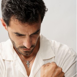 Dada Gioielli - Men's Necklace - Cross Pendant Silver or Gold Burnished Faber with Black Stone, Stainless Steel Chain Men, 50 cm, Gift for Father - Boyfriend - Boy, Stainless Steel Stainless steel