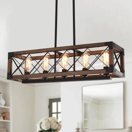 Lingkai Kitchen Island Lighting, 32 Inch 5 Light Farmhouse Linear Chandelier Dining Room Pool Table Pendant Light Fixtures, Rustic Wood Grain Finish
