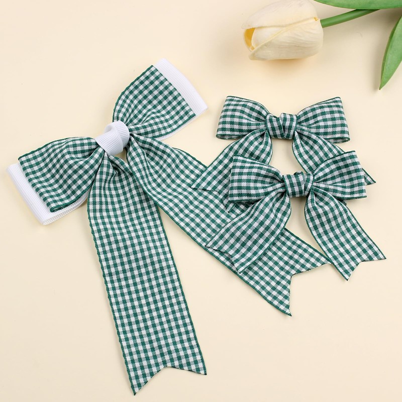 JOYFUNFABU 3Pcs Green White Gingham Hair Bow with Long Tail