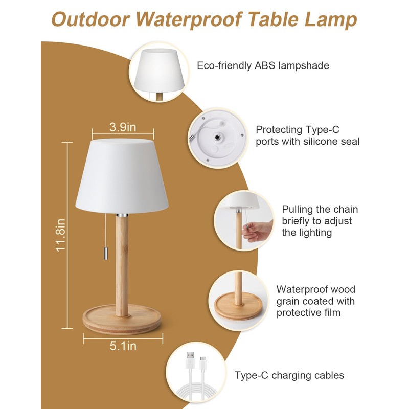 Outdoor Waterproof Table Lamp for Patio, Small Cordless Battery-Operated Lamp,