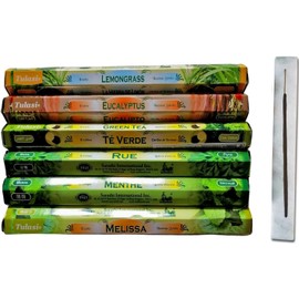 Mixed Incense Sticks Natural Herbs - Aromatherapy - 6 x 20 Pieces + White Marble Incense Holder 26 x 3.5 cm - Robust and Elegant