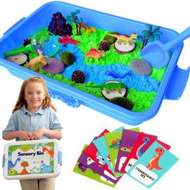 Dinosaur Sensory Bin - 8 Figurines, 17 Accessories, 8 flashcards, 1 Page of Stickers Sensory Sand Kit - 2lbs Green, 1lb Blue Kinetic Sand Bin - Kinetic Sand Sensory Bin - Sensory Bins