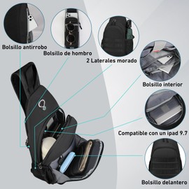 RAINSMORE Mochila Cruzada para hombre, Bandolera hombre Impermeable y Ligera, Bolso para Hombre Antirrobo con Auriculares Negro
