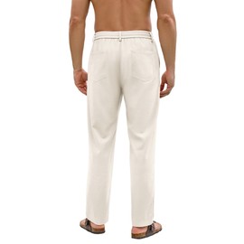 PLEPAN Mens Linen Pants Casual Stretch Elastic Drawstring Waist Lightweight Summer Beach Straight Leg Linen Dress Pants, Beige, US (34) M