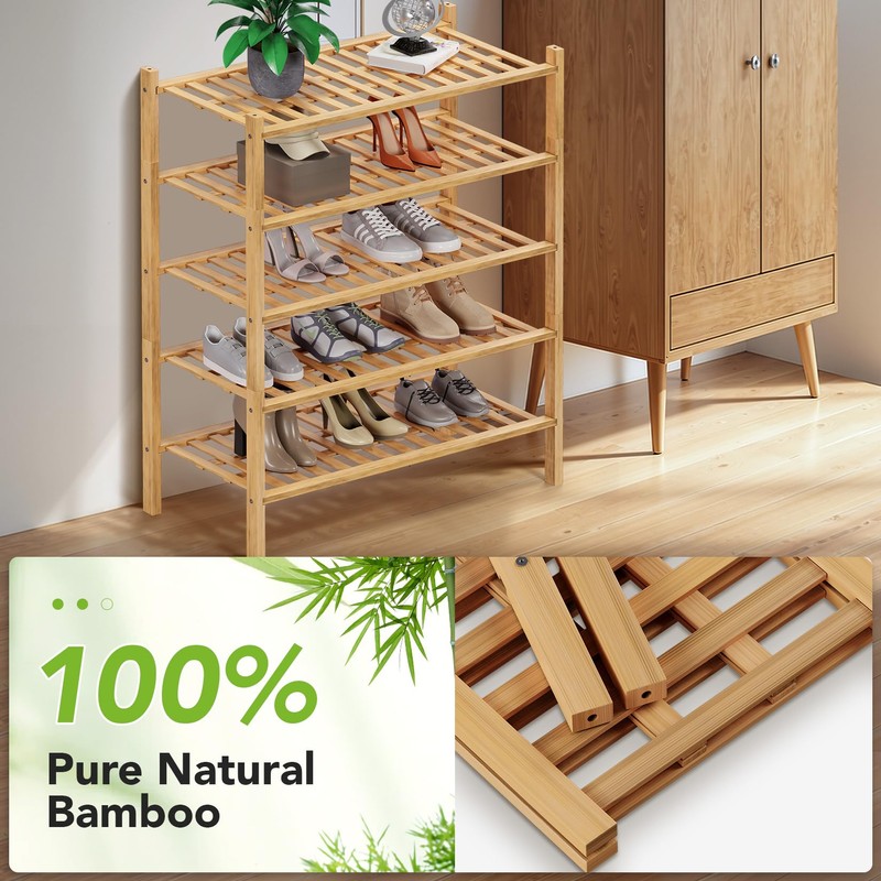 Haddockway 5 Tier Bamboo Shoe Rack Storage Organizer, Multifunctional Free