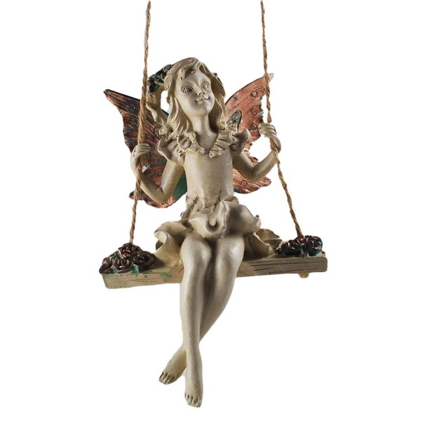 Prezents.com Forest Fairy Flowers Hanging Rope Swing Copper Winged White Sculpture Figurine Art Deco Girl Garden Home Decor Gift H19cm