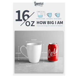 Sweese Porcelain Coffee Mugs - 16 Ounce - Set of 6, Cups for Latte, Hot Tea, Cappuccino, Mocha, Cocoa, White