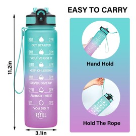 Sport Water Bottle, 1L Water Bottle with Straw and Time Markings, Reusable Motivational Leakproof Water Bottle BPA Free Lid, Durable Drink Bottle for Gym, Sports, Outdoor (Green-Purple Gradient)