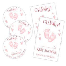 40 Pcs Baby Footprint Stickers Set - Thanks for Coming - 20 Round Stickers & 20 Adhesive Tags for Gift Wrapping, Envelope Seals, Party Bag Stickers, Party Favor & Supplies (Pink) - A05