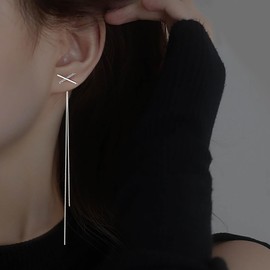Inateannal Vintage CZ Long Chain Dangle Earrings Silver Rhinestone X Chain Earrings Tassel Chain Drop Earrings X Long Front Back Earrings Jewellery for Women and Girls, Zinc, No Gemstone