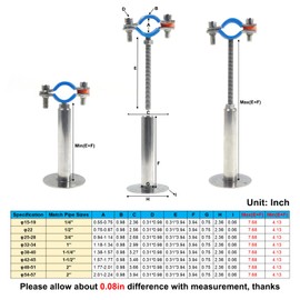 Kodilin 4PCS 304 Stainless Steel Wall Mount Ceiling Mount Pipe Supports,Suitable for OD Pipe 2''(54-57mm),Adjustable Height 100-200mm,Adjustable Pipe Strap Clamp with Screws