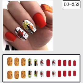 Fall Press on Nails Thanksgiving Short Square Fake Nails with Designs Orange Maple Leaf Matte Glue on Nails 24 Pcs Reusable Stick on Nail for Women WYFHDT