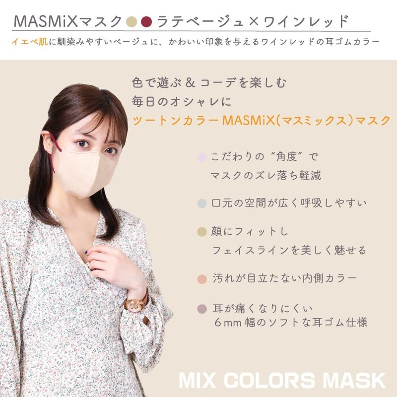 MASMIX ツートーンカラーマスク 立体タイプ 30枚入 ラテベージュ×ワインレッド