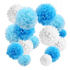 YBwanli Pack of 24 Blue Pompoms, Wedding Decoration, School Decoration, Tissue Paper Pompoms, Christening Confirmation Decoration, Communion Decoration for Birthday, Wedding, Valentine's Day (Light