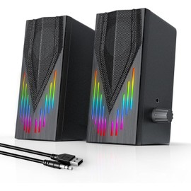 Uakinat Computer Speakers with 6 Colorful RGB Lights,USB Powered 3.5mm Aux with Loud Stereo Sound,Headphone-in for Desktop,PC/Laptop/Tablet Phone